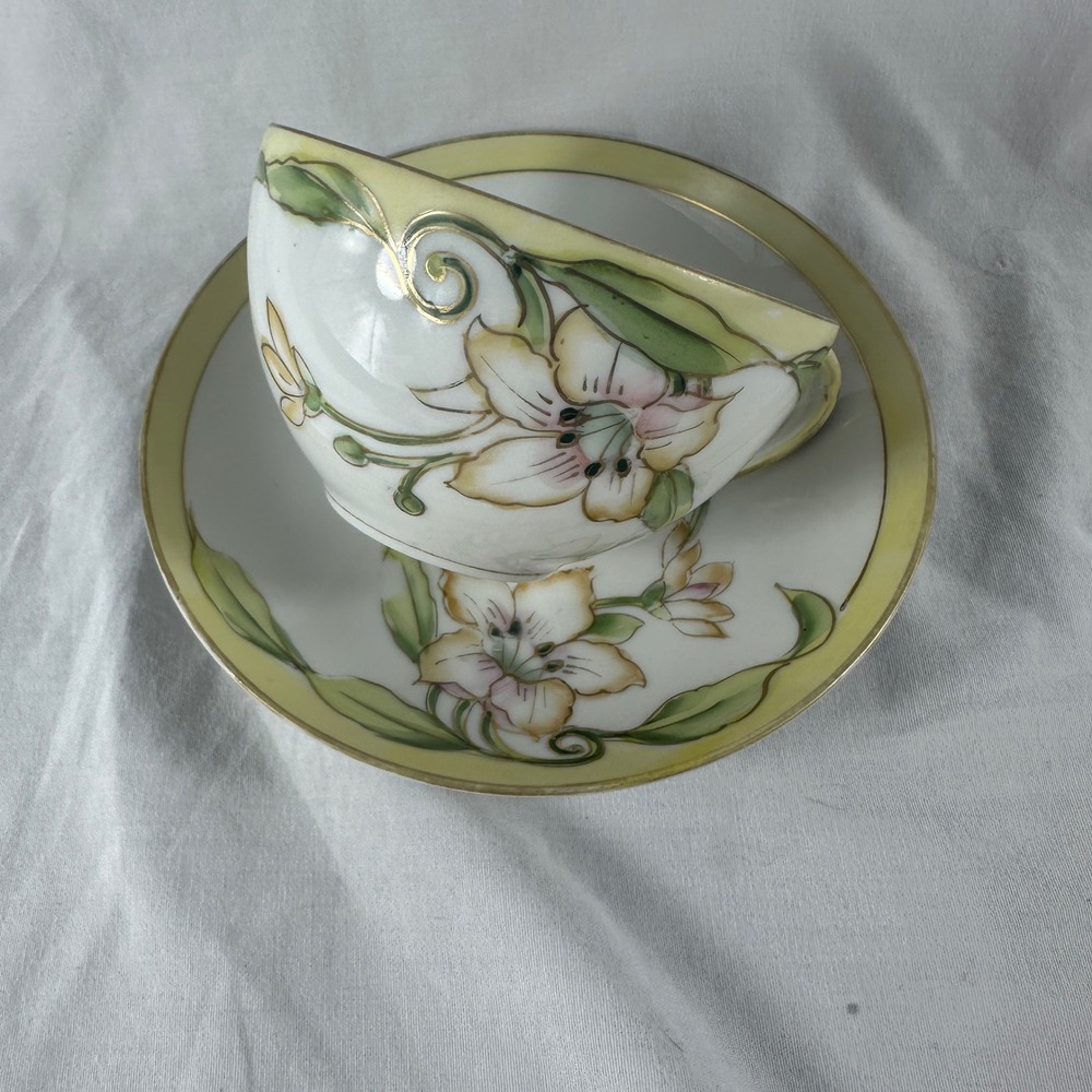 Antique Nippon Hand Painted Teacup Saucer Set Gold Crown Yellow Floral Porcelain